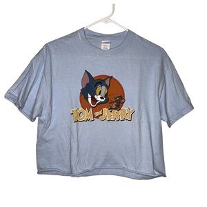 Tom and Jerry Blue Cropped Cotton T-shirt Size Medium